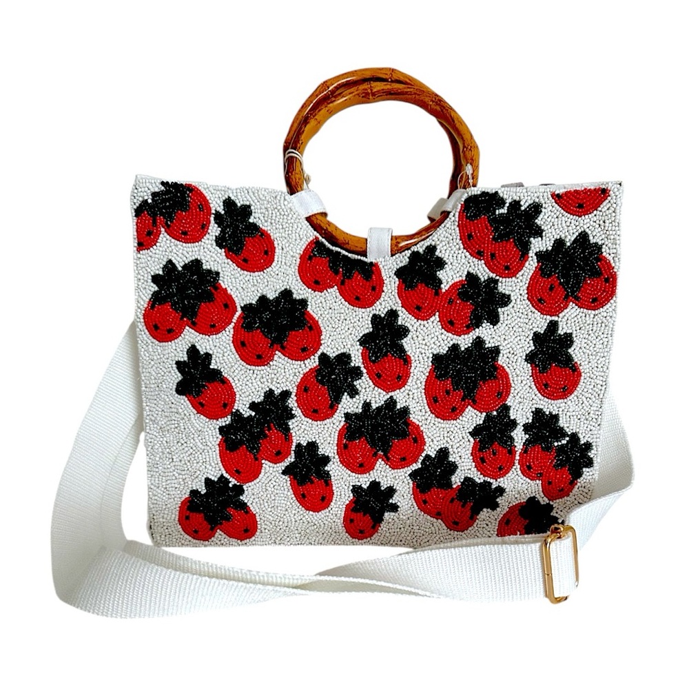 NWT Sol + Mer Strawberry Beaded Viral Purse Handbag Bamboo Handles White Strap